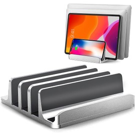 Vertical Laptop Stand,Upgraded Adjustable 4 Slots Laptop Stands, Desktop Aluminum Laptop Holder with Adjustable Dock Size, Tabletop Stand Holder for Most Laptops,MacBooks,PC,Tablets, Phones - Silver