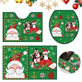 BRTNUP 3pc Toilet Seat Cover & Rug Bathroom Set, Christmas Santa Claus and Snowman Toilet Seat Cover, Red & Green (Green)