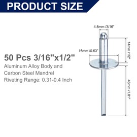 sourcing map 50Pcs 3/16"x1/2" Aluminum Blind Rivets, Aluminum Grip and Steel Mandrel, Large Flange Fastener Rivets for Metal, Furniture, Automotive, Silver