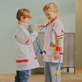 Klein: PRO Doctor Costume - White & Red - 6pc Set, Dress Up Outfit,Toy Accessories, Stethoscope-Syringe-Thermometer-Blood Pressure Meter, Kids Age 3+