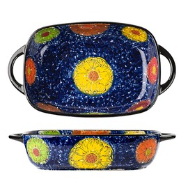 Bicuzat Vintage Style Pottery Bakeware Colorful Daisy Pattern Ceramic Casserole Dish Baking Pan Lasagna Pans Baking Dish with Handles from Oven to Table Plate-1 PCS, 60 OZ