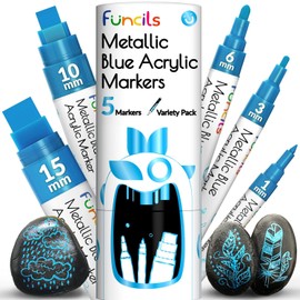 5 Metallic Acrylic Blue Paint Pen - Extra Fine Tip, Thin & Jumbo (1mm, 3mm, 6mm, 10mm, 15mm) - Blue Paint Markers for Metal, Fabric, Plastic, Canvas, Wood, Rock Painting, Glass. Blue Permanent Marker