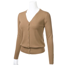 Women's Button Down V-Neck Long Sleeve Knit Cardigan with Sleeve Button Detail Khaki L