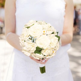 Artificial Flowers Fake Roses Faux Peony Foam Gardenia Combo for DIY Wedding Bouquets Centerpieces Arrangements Bridal Shower Party Home Decorations (Off White 25pcs)