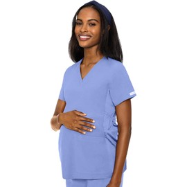 Med Couture Maternity V-Neck Scrub Top, 2 Pockets, Stretchy Side Panels with a Flattering Fit for Pregnant Ladies Plus Size - MC628, 2XL, Ciel
