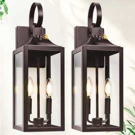 Oil Rubbed Bronze Dusk to Dawn Outdoor Wall Lighting, 19" Large Outside Modern Wall Sconce Lantern, Industrial Porch Light Wall Mount, Waterproof Farmhouse Exterior Lamp 2-Light Brown, 2 Pack