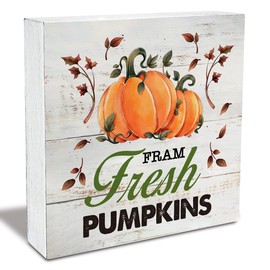 Rustic Fram Fresh Pumpkins Wood Box Sign Fall Pumpkins Autumn Wooden Box Sign Farmhouse Home Desk Shelf Decor (5 X 5 Inch)