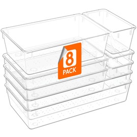 Lifewit 8 Pcs Large Bathroom Drawer Organizers, 3 Sizes Clear Plastic Storage Organizer Trays for Make Up, Kitchen Utensils, Vanity Accessories in Bathroom/Office/Dresser Organization