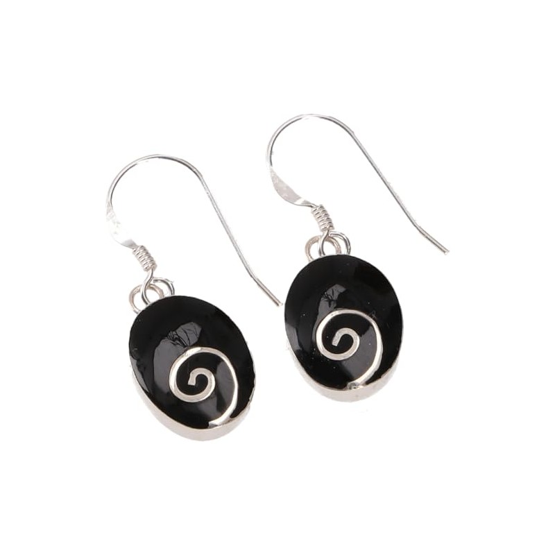 GURU SHOP Red Oval Ethnic Silver Spiral Earrings