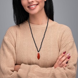 COAI Leaf Necklace Red Jasper Pendant Onyx Beaded Necklace 108 Mala Beads Prayer Necklace