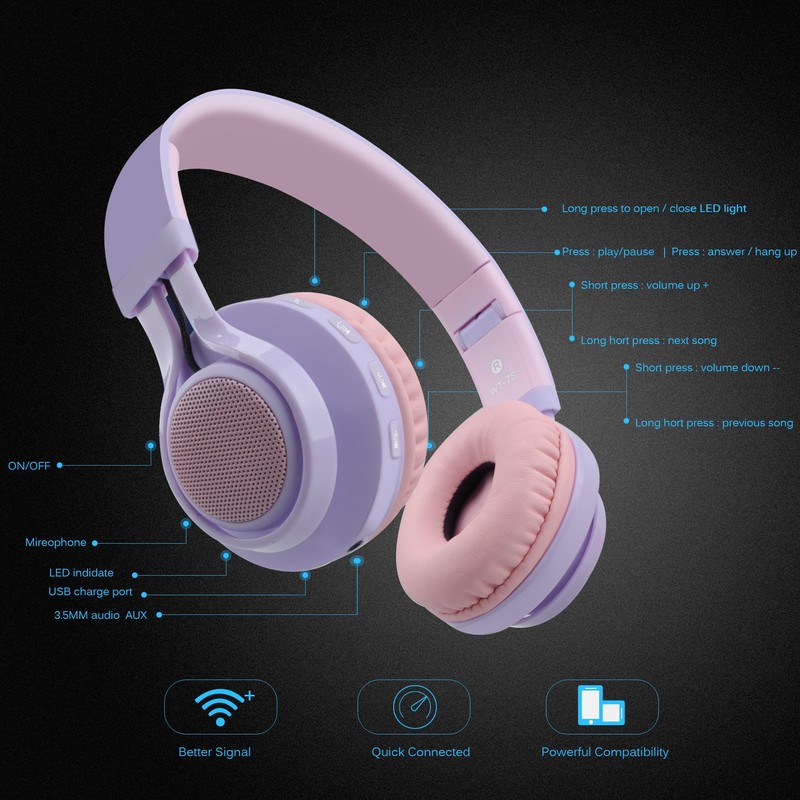 Riwbox WT-7S Kids Bluetooth Headphones Light Up, Foldable Stero Wireless