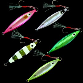 fairiland Metal Flat Jig Skate Series Luminous Lead Jigs Life-Like Saltwater Fishing Lures with Hi-Carbon Steel Assist Hook Artificial Lure Fishing Jigs(80g-5pcs)