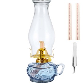 Rustic Oil Lamp for Indoor Use,Large Kerosene Lamp with Handle,2 Pcs Wicks and 1 Tweezers,Vintage Glass Hurricane Lamp for Home Emergency Lighting (Blue)