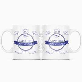 Pair of (45th) Sapphire Anniversary (Mum + Dad) Novelty Gift Mugs - Swirls/Rosette Design