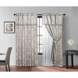 Chezmoi Collection Noelle 4-Piece Silver Gray Brown Floral Medallion Jacquard Window Curtain/Drape Set - Attached Sheer Backing and Valance