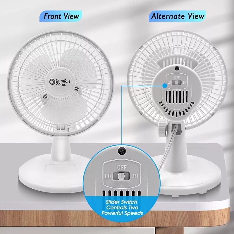 Comfort Zone 6 Inch Desk Fan White 2 Speed Quiet