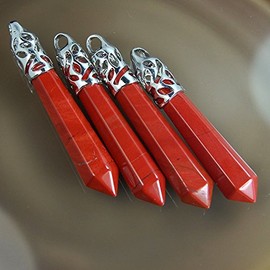 AD Beads Natural Gemstones Silver Caps Long Hexagonal Pointed Reiki Chakra Pendant Beads Healing (Red River Jasper)