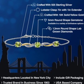 Gem Stone King 5MM Round Gemstone Birthstone and Lab Grown Diamond 925 Silver and 10K Yellow Gold Tennis Bracelet For Women | 7 Inch With 1 Inch Extender