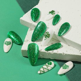 St. Patrick's Day Press on Nails Almond Medium Clover Artificial Fake Nails with Green Clover Designs Ireland Shamrocks Full Cover Acrylic False Nails Glue Stick ons Fingernails for Women Girls