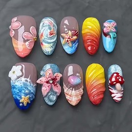 ONPRESS 30Pcs Handmade Press on Nails Medium Almond Fake Nails with 3D Starfish Colorful Flower Design Goldfish Gold Beads Shell Pearl False Nails Summer French Tip Mushroom Stick on Nails for Women