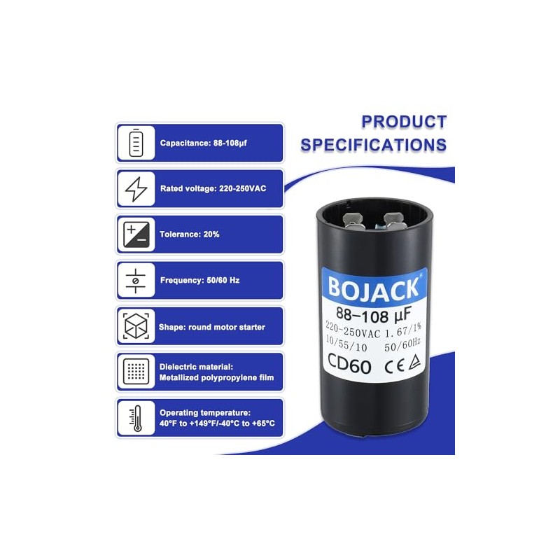 BOJACK 88-108 uF/MFD 220-250 VAC Voltes 50/60 Hz Universal Round