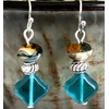Silver with Frosty Teal and Amber Czech Bead Dangle Earrings.