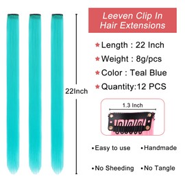 Leeven 22 Inch Teal Blue Colored Hair Extensions Clip in 12PCS Straight Clip on Synthetic Hairpieces Colorful Party Highlights Hair Accessories Cosplay Christmas for Women