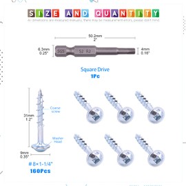 Glarks 160Pcs #8x1-1/4" Pocket Hole Screws Zinc Coated Square Drive Self Tapping Coarse Thread Wood Screws for Wood and Sheet Metal (#8x1-1/4" Coarse Thread)
