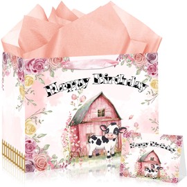 Cow Party Favors Bag Cow Print Wrap Bag with Tissue Paper and Card Pink Floral Farm Themed Candy Kraft Paper Bag for Boys Girls Cow Farm Animals Baby Shower Christmas Birthday Party Supplies