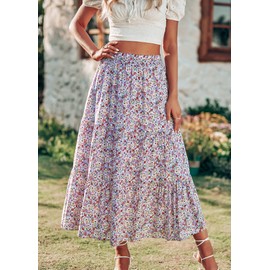 KIRUNDO Women's 2025 Spring Summer High Waist Boho Floral Maxi Skirt Casual Flowy Swing Pleated A Line Beach Long Skirts (White Red, Small)