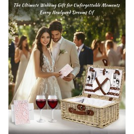 Picnic Basket for 2, Bridal Shower Gift Wedding Gifts with Mr Mrs Wine Glasses and Greeting Card, Engagement Newly Weeding Gifts for Couples 2026, Wicker Picnic Set Kit with Blanket Cooler for Beach