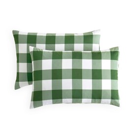Wake In Cloud - Plaid Pillow Cases, Buffalo Check Gingham Checkered Farmhouse, Set of 2 Soft Pillowcases Pillow Shams Covers, Olive Green White, King Size 20x36 Inches