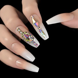 iMABC Diamond 3D Nails Ballerina Luxury Coffin Press On Nails Full Cover Ombre French Stick on Nails Kit Acrylic Tips(Bridal Diamond)