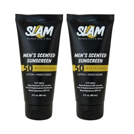 SLAM MysteryMan Men's Sunscreen Lotion SPF 50 & Moisturizer – Face & Body Sunblock, Anti-Aging, Water-Resistant, Hawaii Act 104 Safe, Skincare for Men, Scented & Unscented – 3 fl oz. Double pack.