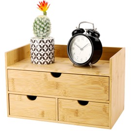 Charmewooden Bamboo Desk Organizer 3 Drawer with Shelf, Countertop Organizer with Drawers Makeup Storage Drawer 3 Drawers Tabletop Storage Organization Box Home Office Workspace