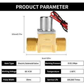 Válvula solenoide eléctrica de latón, válvula solenoide eléctrica normalmente cerrada de 1/2 "DC4.5V, válvula solenoide de pulso, válvula solenoide de control de agua, utilizada para limpiador de inducción, sistema de ahorro de agua, riego de jardines