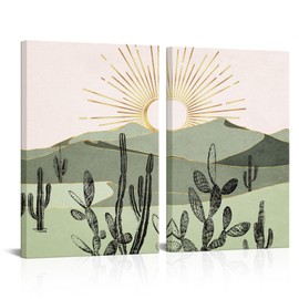 LevvArts Boho Wall Art Canvas Cactus Desert Mountain Range Painting Prints Modern Southwest Boho Cactus Wall Decor - 16"x24"x2PCS (Green)