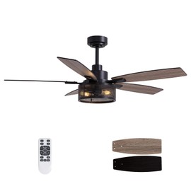 52 Inch Ceiling Fans with Lights and Remote Control, Farmhouse Ceiling Fan for Bedroom Living Room and Patio, Black Caged Ceiling Fan for Indoor and Outdoor