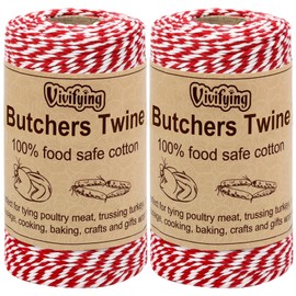 Vivifying Red and White Butchers Twine, 2pcs x 328 Feet 2mm Food Safe Cotton Cooking Twine, Ideal for Trussing Turkey, Roasting, Bacon, Pumpkin Bread, Festive Holiday Kitchen Use & Gift Wrapping