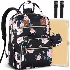 Tenot Baby Diaper Bag Backpack, Travel Diaper Bags for Baby Girl Boy Large Capacity Baby Bag Backpack for Women Black Floral