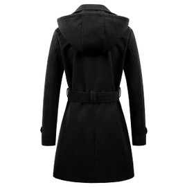 Chrisuno Womens Peacoats Double Breasted Belted Wool Blend Pea Coat Hood Black L