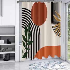 Mid Century Abstract Shower Curtain Boho Minimalist Geometric Circle Irregular Line Leaves Aesthetic Bath Curtains 72x72 Inch Modern Terracotta Art Mens Bathroom Decor Polyester Waterproof Fabric