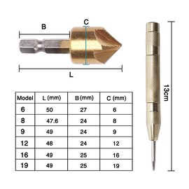 YIXISI 7 Pieces Countersink Drill Bits with Matic Centre, Hex Shank HSS 5 Flute Countersink with Titanium Coated, 6/8/9/12/16/19 mm, 90 Degree Chamfer Cutter Deburring Countersink Drill Tool for Wood