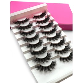 BTLLSSH 8Pair 3D5D 0.59INCH Thick False Eyelashes Cross Volume Cat Eye Lashes Extension Fluffy Natural Look Faux Mink Lashes with Dark Pink Box