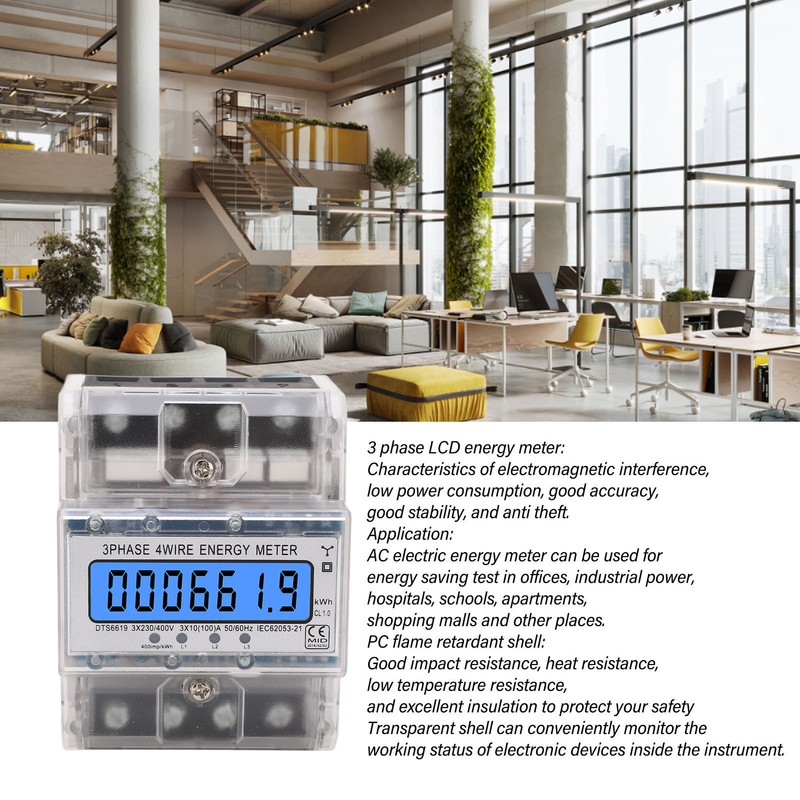 Energy Meter 3 Phase 4 Wire Backlit LCD Display DIN