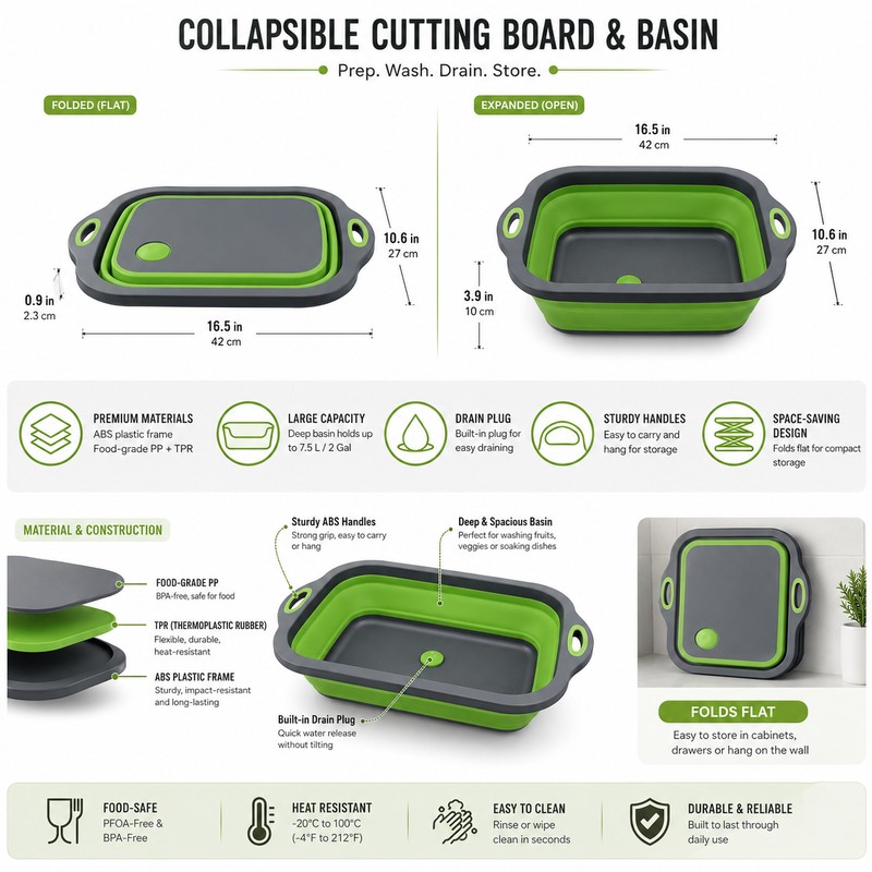 Collapsible Cutting Board & Dish Basin for Camping – Foldable