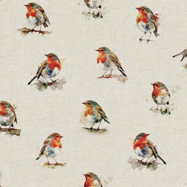 Cotton Rich Linen Look Upholstery Fabric 'Watercolour Robins' Digital Print