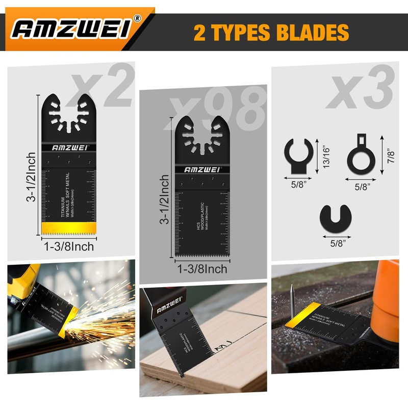 AMZWEI 100Pcs Oscillating Tool Blades, Professional Universal Oscillating Saw Blades
