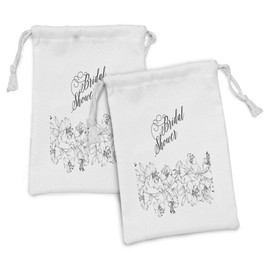 Ambesonne Bridal Shower Fabric Pouch Set of 2, Romantic Bride Party with Flowers Buds and Leaves Floral Arrangement, Small Drawstring Bag for Toiletries Masks and Favors, 9" x 6", Black and White