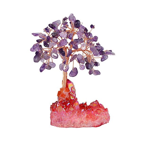 mookaitedecor Amethyst Crystal Tree, Quartz Cluster Red Titanium Crystals Base Bonsai Money Tree for Wealth and Luck